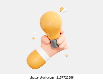 3D Hand Holding Light Bulb. Employee With Genius Business Idea. Plan Strategy And Solution Concept. Success In Work. Cartoon Creative Design Icon Isolated On White Background. 3D Rendering