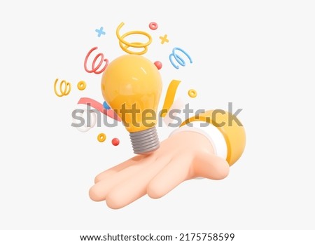 3D Hand holding Lightbulb with confetti. Creativity business idea or solution. Success in work. New innovation concept. Cartoon creative design icon isolated on white background. 3D Rendering Foto stock © 