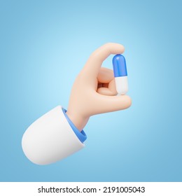 3D Hand Holding Medicine Icon. Doctor Giving Drug, Antibiotic Pill Capsule. Pharmacy Dispense. Health Care, Medical Treatment, Pharmaceutical Or Medication Concept. Cartoon Minimal Icon. 3D Render.