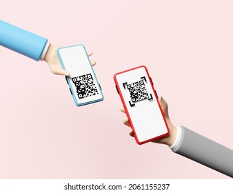 3d hand holding mobile phone, smartphone with qr code scanner isolated on pink background. cashless payment, online shopping concept, 3d render illustration