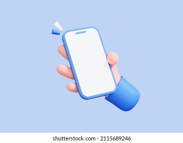 3D Hand Holding Mobile Phone With Empty Screen. Cartoon Smartphone Isolated On Blue Background. Phone Device Mockup. Marketing Time Banner Template. 3D Rendering