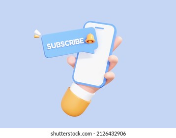 3D Hand Holding Mobile Phone With Subscribe Speech Bubble. Social Media Marketing Concept. Subscription Notification With Bell. Cartoon Character And Smartphone Isolated Icon. 3D Rendering