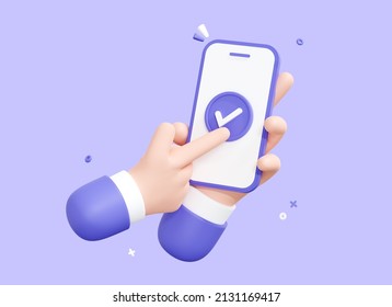 3D Hand holding mobile phone with Check mark. Tick on smartphone screen. Character finger. Completed task, done payment. Business concept. Isolated cartoon icon on purple background. 3D Rendering