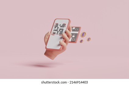 3d Hand Holding Mobile Phone, Smartphone With Qr Code Scanner, Coins Isolated On Pink Background. Cashless Payment, Online Shopping Concept,  3d Render Illustration 