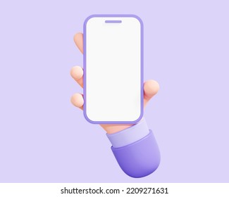 3D Hand Holding Mobile Phone With Empty Screen. Smartphone With Copy Space For Text Or Promotion. Template Or Mock Up Concept. Cartoon Creative Design Icon Isolated On Purple Background. 3D Rendering