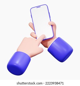 3d hand holding mobile phone and finger touch isolated on white background. Mock up of blank smartphone screen with human arm press, 3d render. 3d rendering illustration with business. 3D Illustration