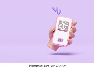 3d hand holding mobile phone, smartphone with qr code scanner, pay label tag, isolated on purple background. cashless payment, online shopping concept, 3d render illustration, include clipping path