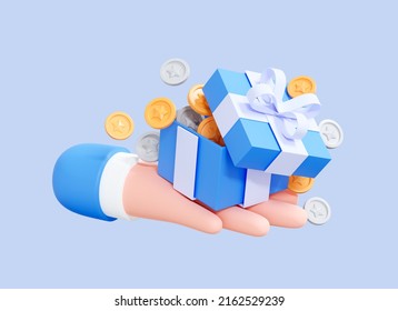 3D Hand holding open gift box full of money. Cash win in casino. Prize reward. Lucky win surprise. Floating gold and silver coin. Cartoon creative design icon isolated on blue background. 3D Rendering