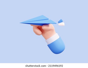 3D Hand Holding Paper Airplane. Cartoon Origami Toy Icon. Send Email Or Message Concept. Handmade Paper Plane. Isolated On Blue Background. 3D Rendering