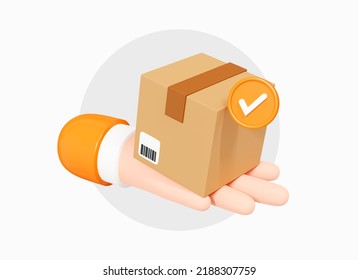 3D Hand holding parcel with check mark. Delivery of order in cardboard box. Fast delivery concept. Mail by courier. Cartoon creative design icon isolated on white background. 3D Rendering
