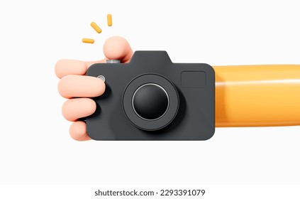 3D Hand holding Photo Camera. Photographer presses the camera button. Paparazzi taking pictures. Cartoon creative design illustration isolated on white background. 3D Rendering - Powered by Shutterstock