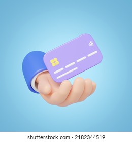 3D Hand Holding Purple Credit Card And Floating Isolated On Blue Background. Online Store Credit Or Debit Cards Accept. Withdraw Money, Easy Shop, Cashless Society Concept. Cartoon Minimal 3d Render.