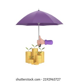 3D. Hand Holding Purple Umbrella Over Pile Of Coins. Close Up Of Stack Of Coins . 
