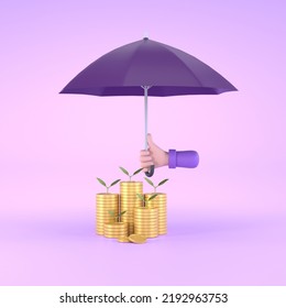 3D. Hand Holding Purple Umbrella Over Pile Of Coins. Close Up Of Stack Of Coins . 
