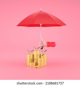 3D. Hand Holding Red Umbrella Over Pile Of Coins. Close Up Of Stack Of Coins . 
