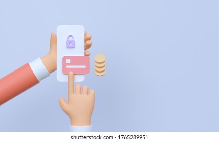 3D hand holding smartphone with online mobile banking and payment transaction