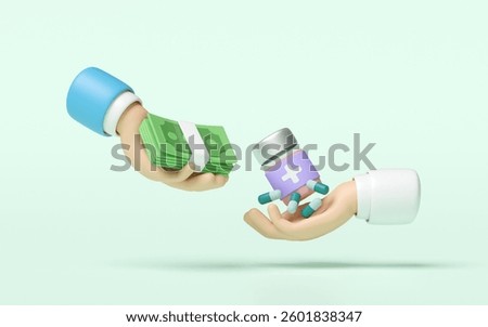 3d hand holding a stack of banknotes with doctor hand holding medicine bottle, antibiotics isolated on green background. expensive medicine concept, 3d illustration render