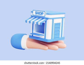 3D Hand Holding Store Building. Shop Rental Or Sale. Online Shopping Concept. Business And Commerce. Realtor For Buyers. Creative Minimal Design Isolated On Blue Background. Cartoon Icon. 3D Rendering