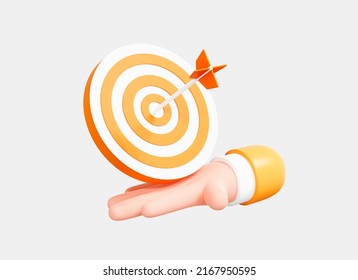 3D Hand holding Target with arrow in hit center. Marketing time concept. SEO and SMM optimisation. Success in business. Cartoon creative design icon isolated on white background. 3D Rendering