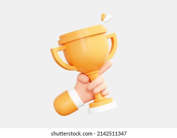 3D Hand Holding Trophy Cup. Business Success Concept. 1st Place Award. Character With Gold Reward. Victory Prize Icon Isolated On White Background. Cartoon Creative Design Illustration. 3D Rendering