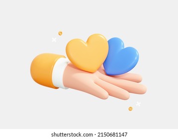 3D Hand Holding Ukraine Flag Hearts. Stay With Ukraine. No War. Pray For Peace. Help And Support For Ukrainians. Cartoon Creative Icon Isolated On White Background. Yellow And Blue. 3D Rendering