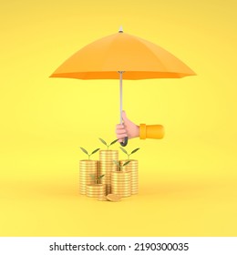 3D. Hand Holding Yellow Umbrella Over Pile Of Coins. Close Up Of Stack Of Coins . 
