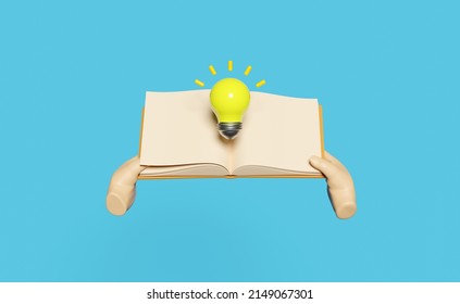 3D Hand holds open book with yellow light bulb isolated on blue background. idea tip education, knowledge creates ideas concept, minimal abstract, 3d render illustration - Shutterstock ID 2149067301