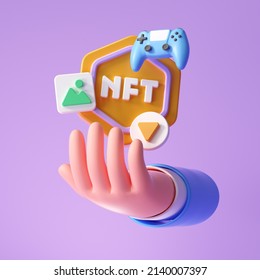 3D Hand with NFT non-fungible token with Types of NFT data of digital files, 3d nft icon symbol. 3d render illustration