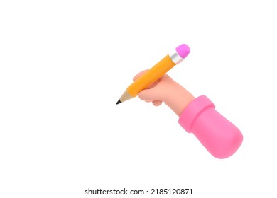 3D. Hand With Pencil Illustration, Cartoon Hand Holding Pencil Isolated 
