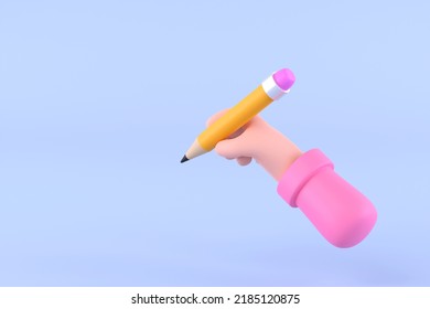 3D. Hand With Pencil Illustration, Cartoon Hand Holding Pencil Isolated 
