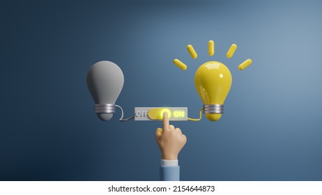 3d Hand Press On And Off Toggle Switch Buttons With Idea Light Bulb Icon, Business Idea Concept, Bright Idea Concept, Creative Thinking, Turn On Sign Of Innovation And Success, 3D Render Illustration