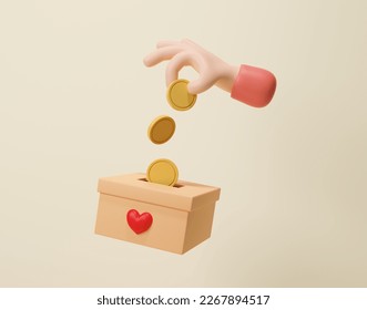 3D hand putting coins into donation box. Donation and Charity. Donate money concept. Golden coin fund in money box. Charity and financial support concept. Volunteers collecting. 3d render illustration - Powered by Shutterstock