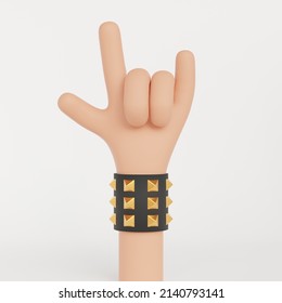 3d hand rock fingers, website elements music hard rock fingers gesture punk not dead, rock and roll, hand with rock studs band, gold elements, black bracelet, skin render,  black leather arm band UI - Powered by Shutterstock