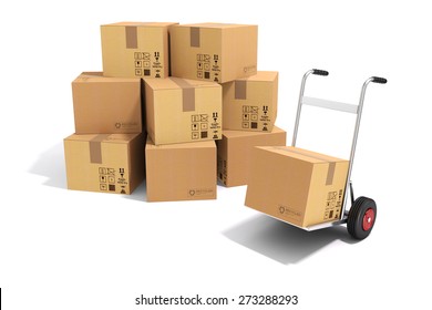 3d Hand Truck And Cardboard Boxes On White Background