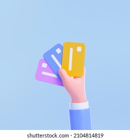 3d Handhold three different credit cards, card payment, credit card accept, cashless society concept. 3d render illustration
