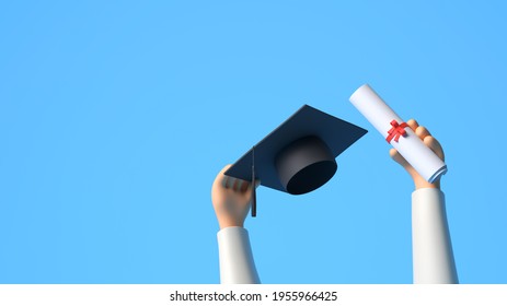 3D Hands Holding Graduation Hat On Background Of Blue Sky