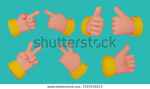3D hands signs set. Thumb up, victory and pointing\
hand gestures isolated on bright background. Emoji stylized cartoon\
design elements for presentations, instructional videos or\
ads