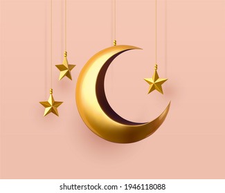 3d Hanging Metal Crescent Moon And Star Decorations. Islamic Object Collection Isolated On Pink Background.