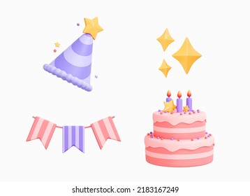 3D Happy Birthday Icon Set. Party Surprise Decoration. Carnival Garland, Two-tier Cake, Birthday Hat And Sparkles Emoji. Cartoon Creative Design Icons Isolated On White Background. 3D Rendering