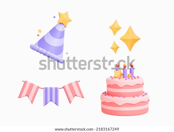 3D Happy Birthday icon set. Party surprise\
decoration. Carnival garland, two-tier cake, birthday hat and\
sparkles emoji. Cartoon creative design icons isolated on white\
background. 3D\
Rendering