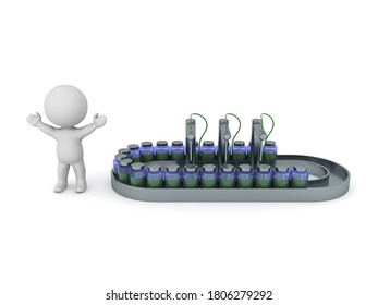 3D Happy Character And Medical Assembly Line. 3D Rendering Isolated On White. 