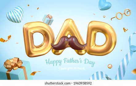 3d Happy father's day layout design. Illustrated with the balloons, gift boxes and decorations. Concept of sending love and gratitude for dads. - Powered by Shutterstock