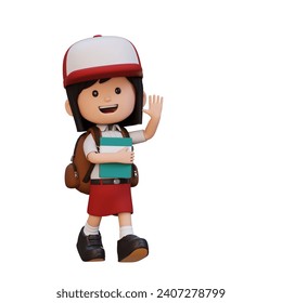 3D happy girl character walking go to school holding book and waving hand - Powered by Shutterstock