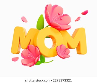 3D Happy Mother's Day poster with Mom text and pink tulip flowers. Beautiful blooming bouquet with petals. 8 March Women's day. Cartoon creative design icon isolated on white background. 3D Rendering - Powered by Shutterstock