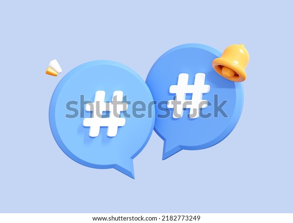 3D Hashtag sign with bell notification in\
social media. Follow trending tag. Social network promotion and\
marketing concept. Cartoon creative design icon isolated on blue\
background. 3D\
Rendering