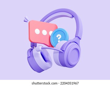 3D Headphones with message and question mark. Customer support. Hotline service for help and FAQ. Headset with speech bubble. Cartoon creative design icon isolated on purple background. 3D Rendering - Powered by Shutterstock