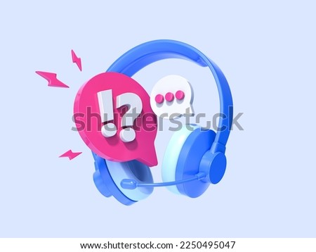 3D Headphones with message and question mark. Customer support. Hotline service for help and FAQ. Headset with speech bubble. Cartoon creative design icon isolated on blue background. 3D Rendering