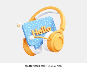 3D Headphones With Speech Bubble Hello Text. Communication In Online Game. Welcome To The Support Service. Voice Message Concept. Cartoon Creative Design Isolated On White Background. 3D Rendering