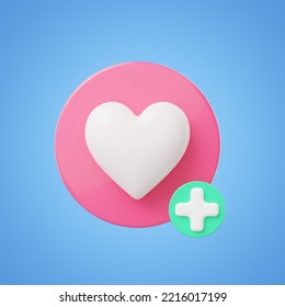 3d Heal Icon. Red Heart With Green Plus Symbol Isolated On Blue Background. Add Favorites, Bookmark, Medical Healthcare, Healthy Lifestyle Symbol Concept. Cartoon Icon Smooth. 3d Render. Clipping Path