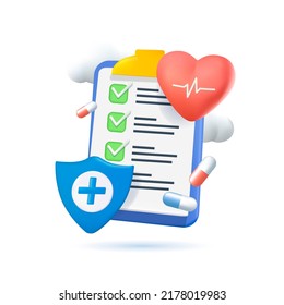 3D Health insurance icon concept. Life insurance, family health care protection. Big clipboard with document checklist. Healthcare, finance and medical service. Isolated illustration 3D cartoon - Powered by Shutterstock